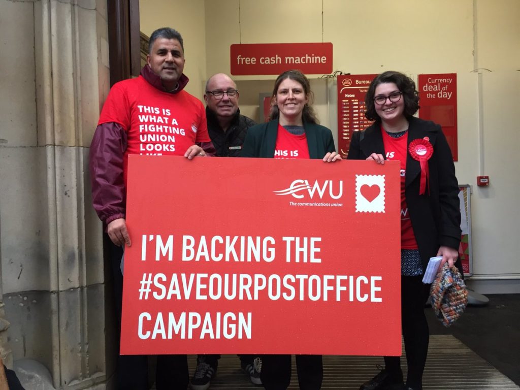 Rachel Maskell outside Lendal Post Office, York with the CWU