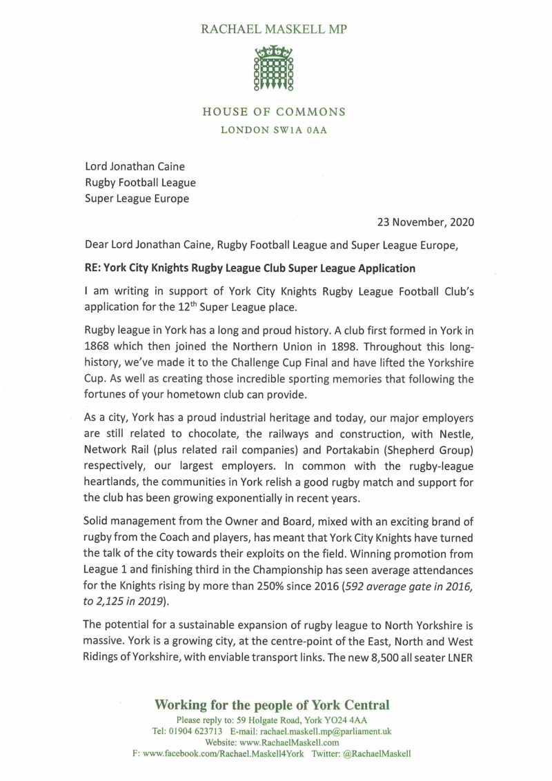 York City Knights supporting letter, page 1
