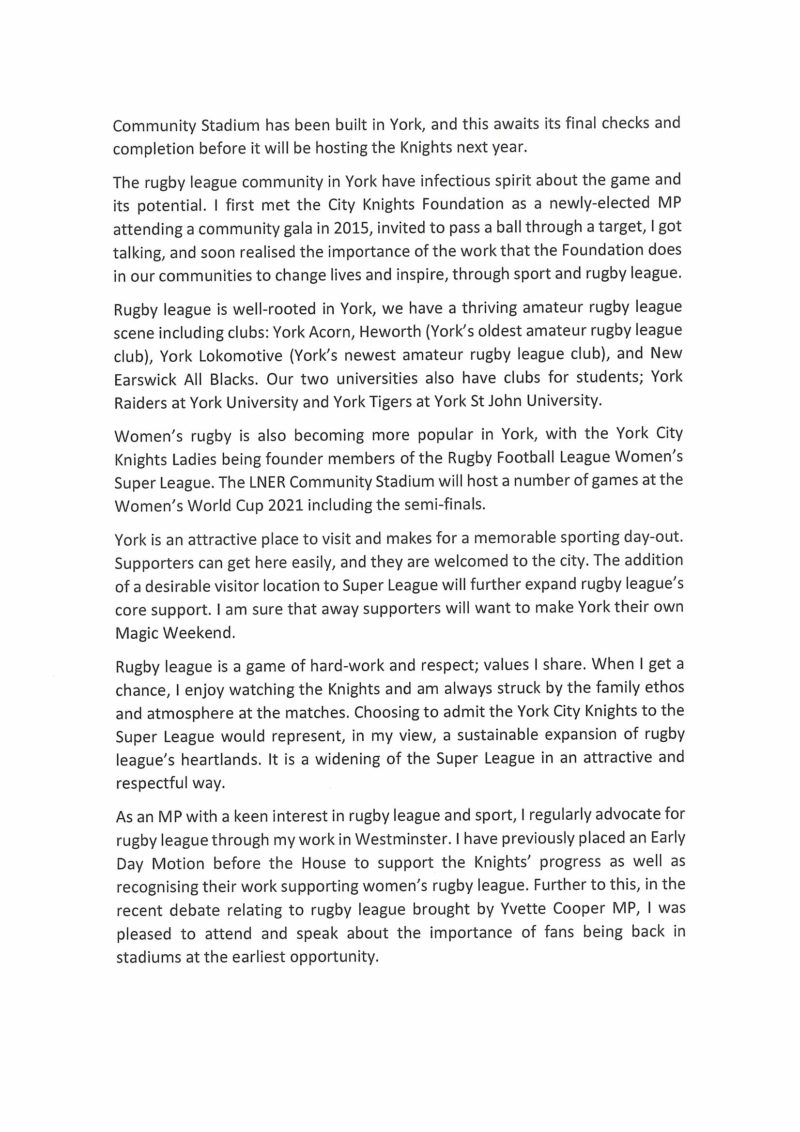 York City Knights supporting letter, page 2