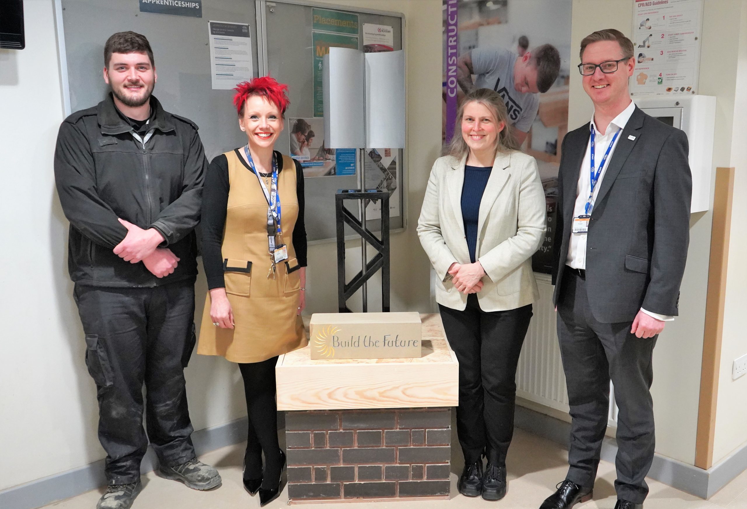 Photo shows L-R: Stonemasonry apprentice, Matthew Tinsley; York College’s Head of Engineering & Digital Technologies, Lisa Wheeler; MP for York Central, Rachael Maskell and York College Chief Executive and Principal, Lee Probert